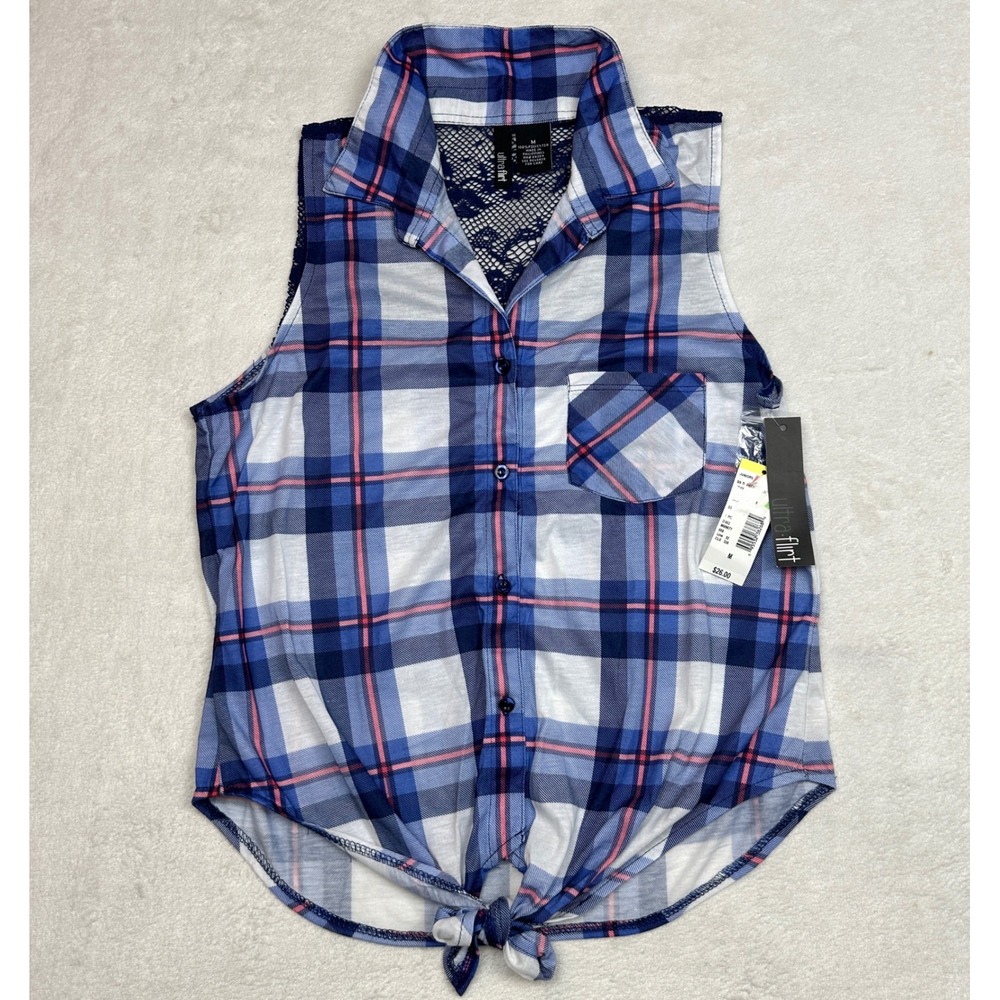 Ultra Flirt Vintage Sears Womens Plaid Sleeveless Tie Front Top Lace Back  M NWT